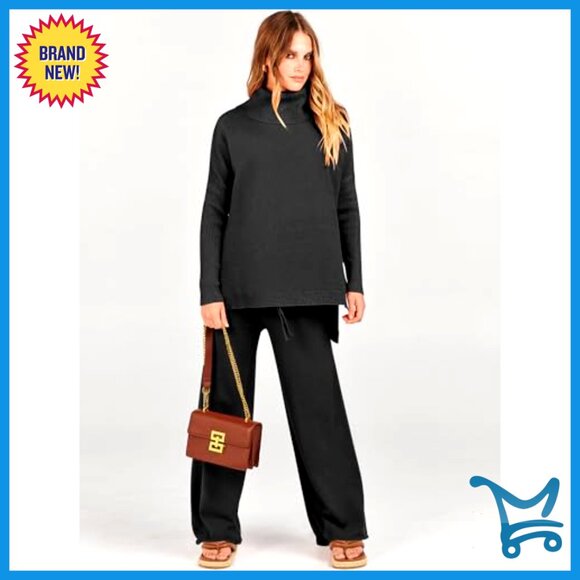 Oversized Turtleneck Sweater Set Wide Leg Pants Lounge Comfy Fall Winter - Picture 2 of 7